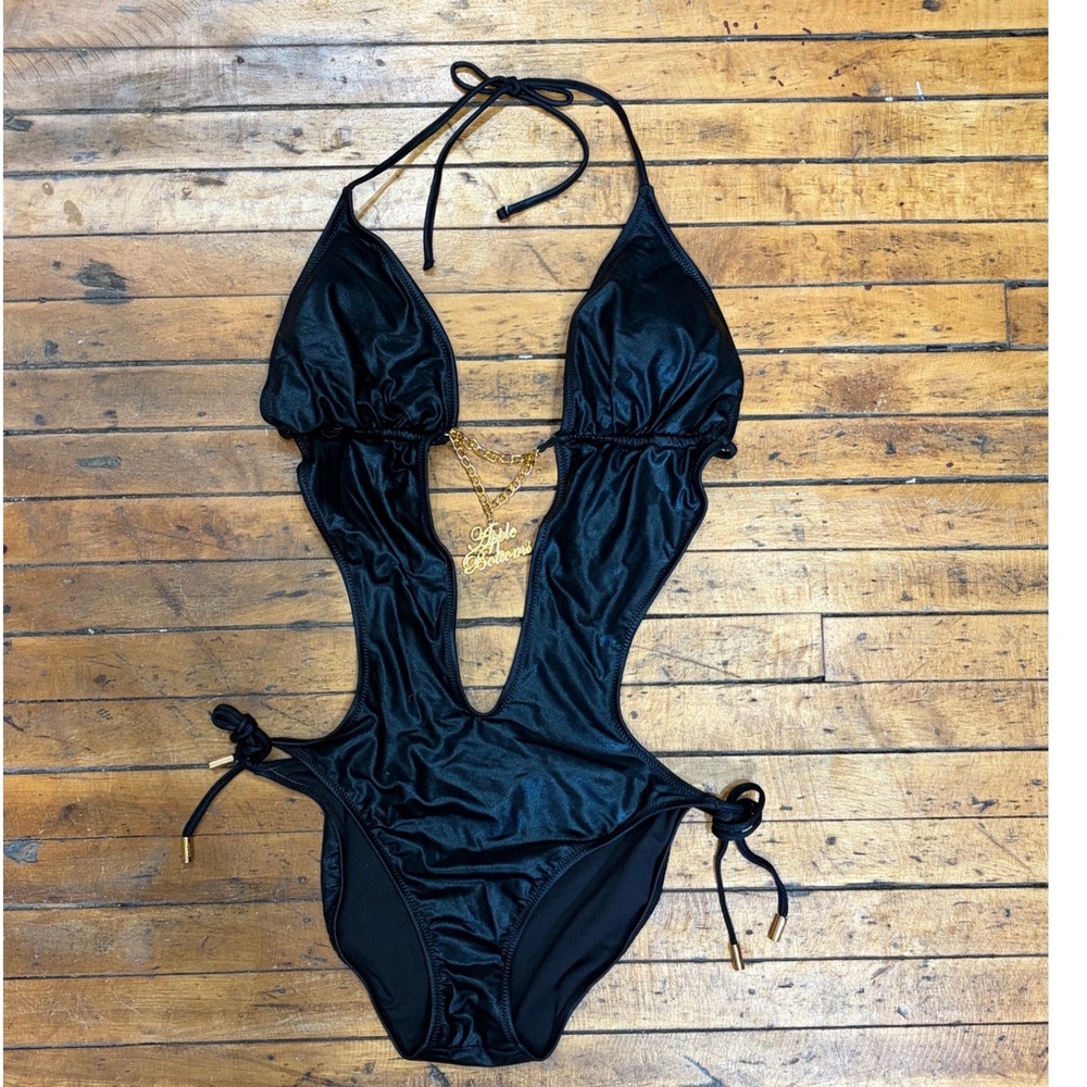 Apple Bottoms Black Metallic Monokini Gold Chain Charm Swimsuit XL Y2K Vintage